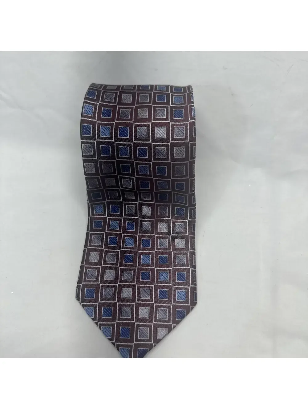 Pronto Uomo Necktie Mens OS Burgundy Blue Silver Geometric Square Silk Hand Made